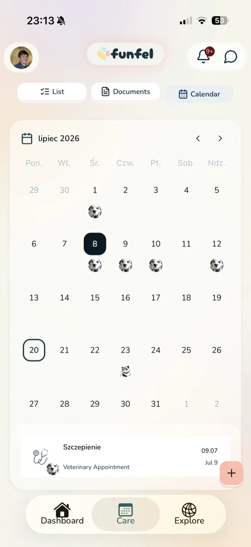 Pet event calendar in the funfel app