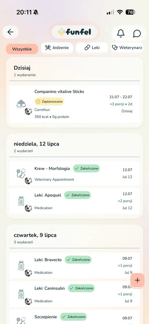 Lista leków, karmień i wizyt w aplikacji funfel